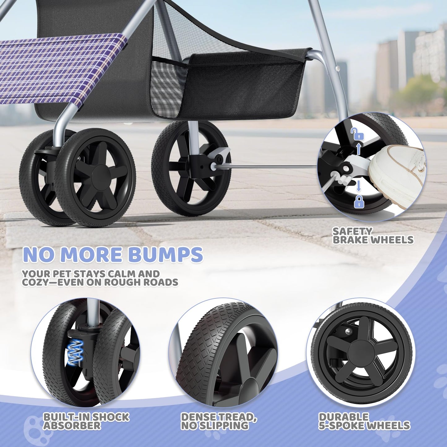 Magshion Foldable Pet Stroller, 3-in-1 Dog Travel Jogger with Detachable Carrier, Cup Holder, Storage Basket, Folding Carrier for Small/Medium Dogs & Cats Up to 33 lbs, Plaid