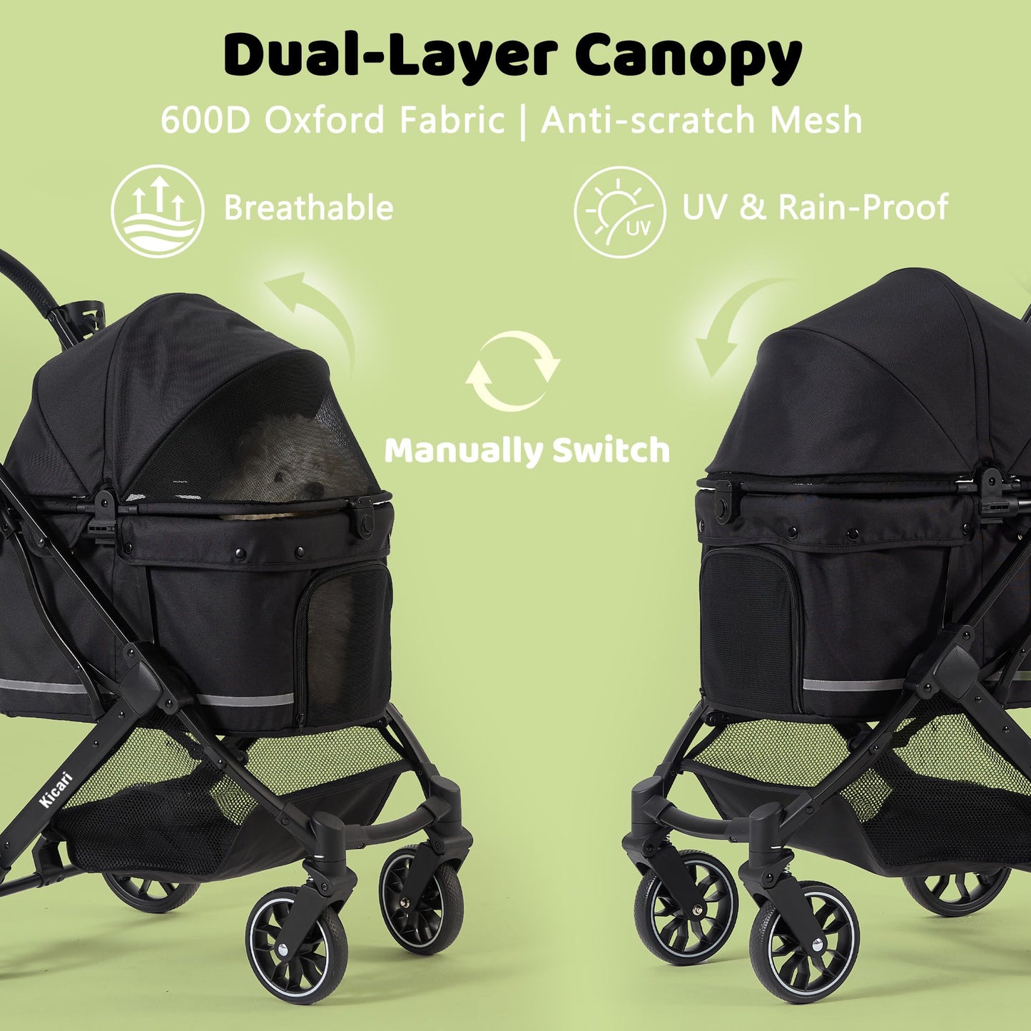 Kicari All-Terrain Dog Stroller for Small to Medium Dogs, Pet Stroller for Dogs & Cats Outdoor Walks, One-Hand Easy Fold, Double-Layer Anti-UV & Waterproof Canopy & Breathable Mesh, Samurai Black