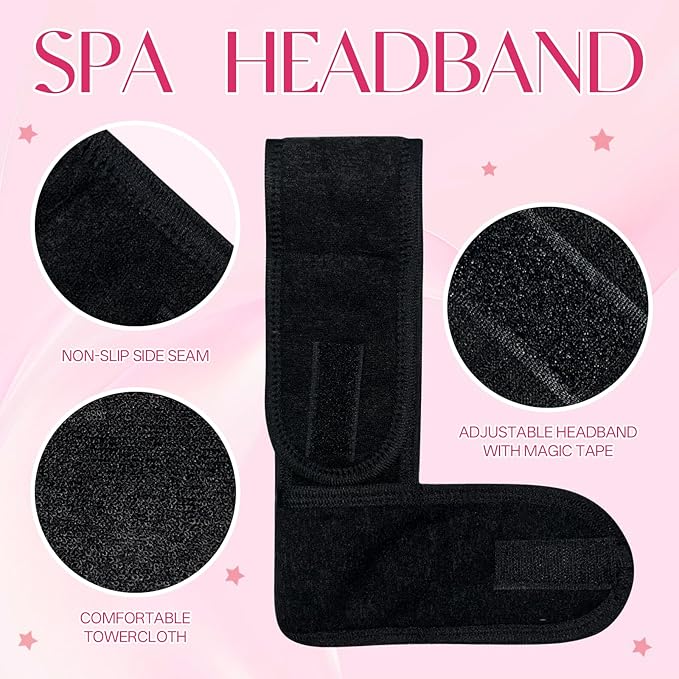 80 Pack Adjustable Spa Headband for Women Non-Slip Facial Hair Wrap for Washing Face, Makeup, Shower, Skincare, and Yoga (Black, 80)