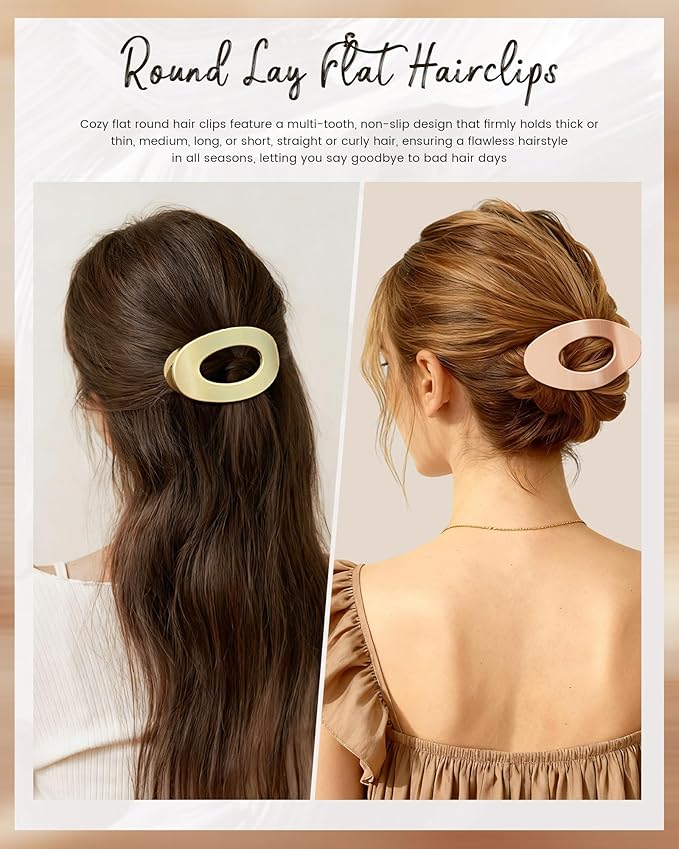 Mesovor 6 Pack Flat Hair Claw Clips, 4.33" Nonslip Large Round Lay Flat Hair Clips | Strong Hold French Flat Hairclips for Lying Down, Yoga, Driving (Neutral Polished)