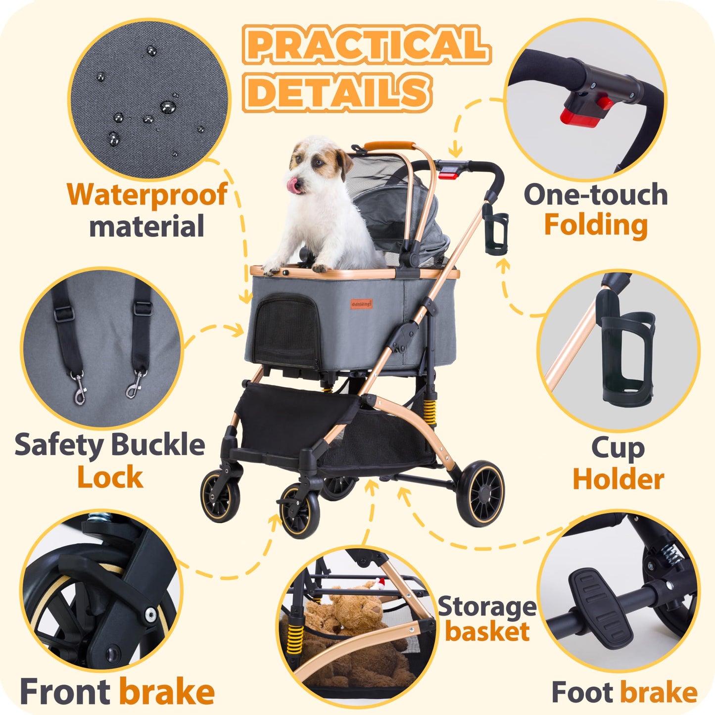GdnWings Pet Stroller for Small Dogs, Lightweight Small Dog Stroller for Dogs Cats with 6 Shock Absorption System, Detachable Carrier Suitable for Car Seat & Hand Carry, Safe Outings, Gray