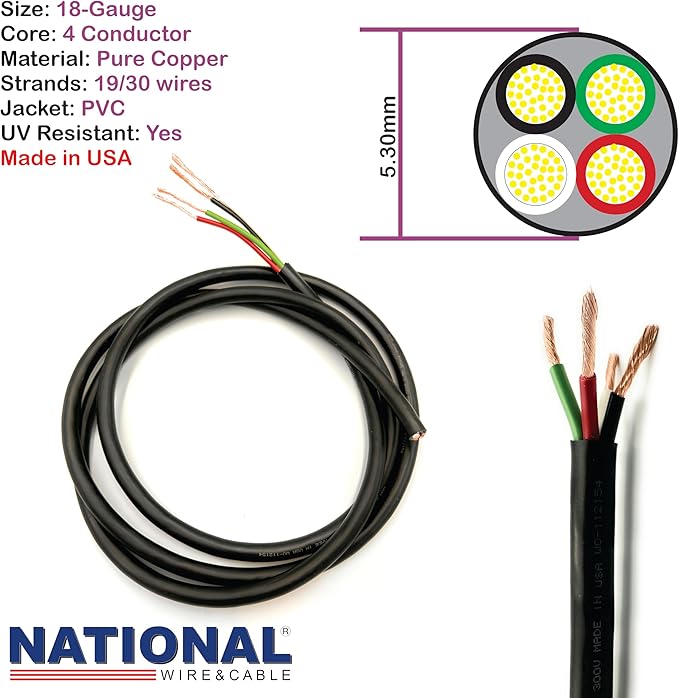NATIONAL Wire & Cable – 18 AWG 4-Conductor Premium Copper Wire, 25 ft, Stranded | Made in USA, Flexible Jacket | LED Strips, Electronics, Low Voltage, DIY Projects, Indoor and Outdoor Use