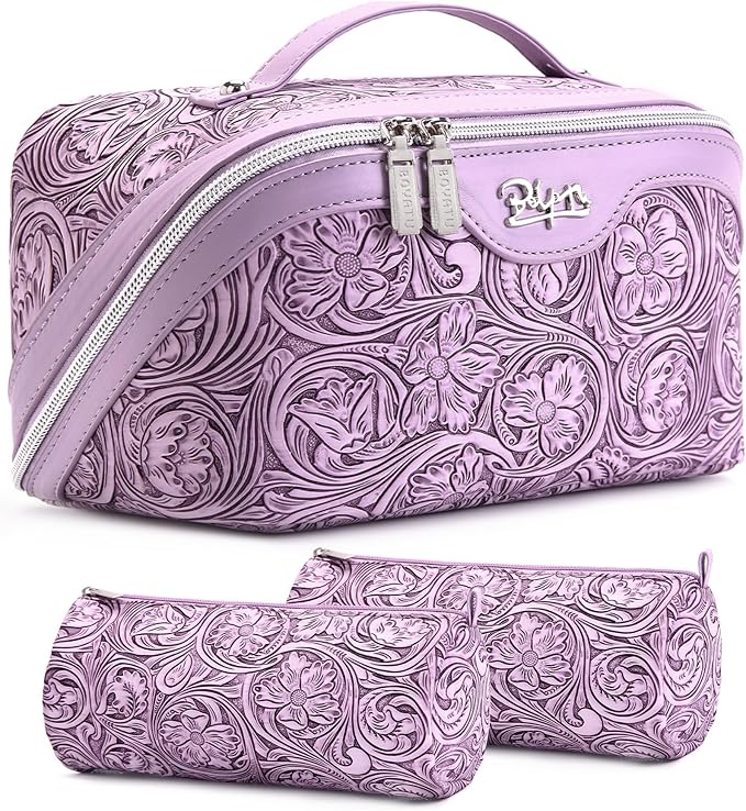 BOYATU Travel Makeup Bags Cosmetic Organizer Bag: 3 Pcs Set Large Capacity Floral Make up Bag with Compartments - Waterproof Leather Toiletry Bags with Handle for Women (21-Purple)