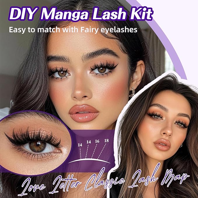 B&Q Manga Lash Clusters Kit DIY Eyelash Clusters at Home with 72H Waterproof Bond and Seal 0.05mm Ultra-Thin Band Wispy Spiky Anime Lashes for Daily & Party, 8-18mm Lash Extensions(KIT-Anime 01)
