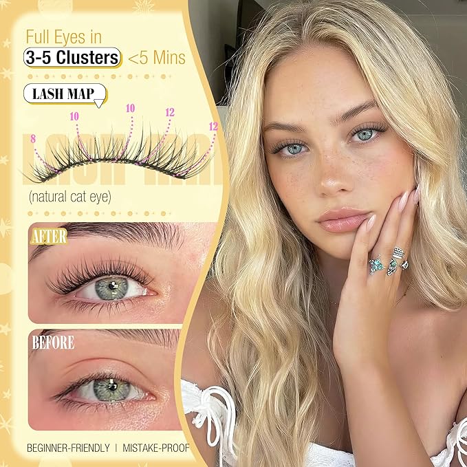 Short Lash Clusters Natural Cluster Eyelash Extensions 8-10-12MM Clear Band Cluster Lashes Extensions Wispy Individual Lashes CC-Curly Eyelash Clusters PestaÃÂ±as Postizas Naturales 144Pcs DIY Lashes