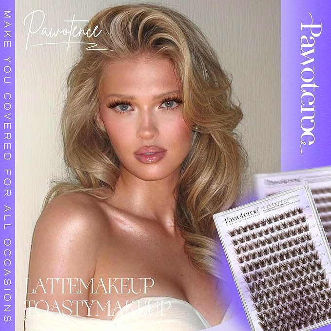 Pawotence Brown Lash Clusters Wispy Cluster Eyelash Extensions 10-18mm Individual Lashes DIY Cluster Lashes Extension Soft Brown Eyelash Clusters with Thin Band