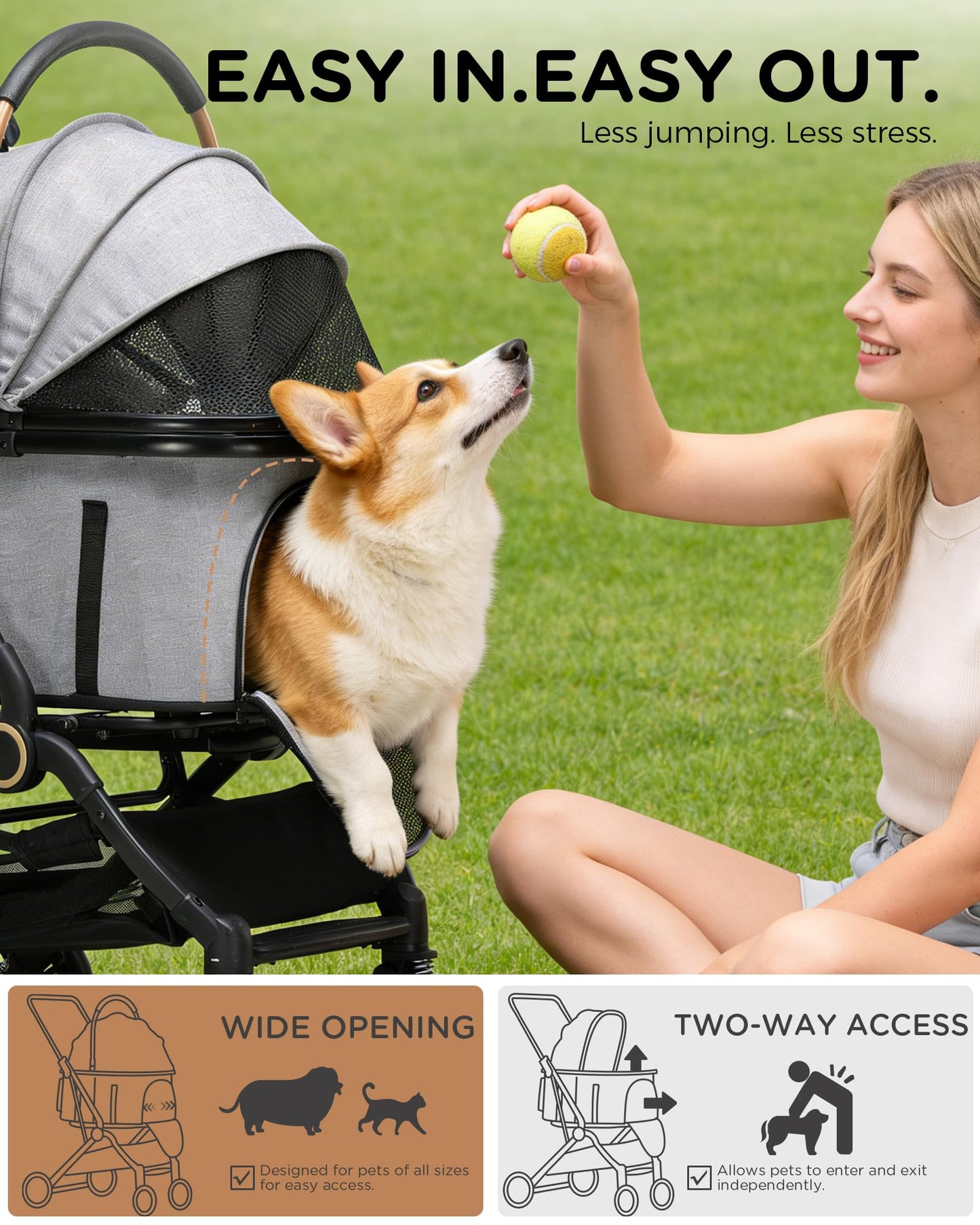 GTPLAYER Pet Stroller for Small Dogs and Cats, One-Click Foldable, Detachable Carrier, Breathable Mesh, 45 lbs Capacity, 2 Safety Leashes, Storage Basket & Cup Holder, Grey