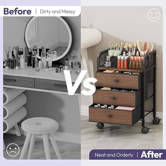SWTYMIKI Rolling Makeup Organizer Cart - 14.96Ã¢ÂÂ³*11.81Ã¢ÂÂ³*23.03Ã¢ÂÂ³ Widened Under Desk Vanity Storage with 3 Non-woven Drawers, Cosmetic Display Cases for Skin Care Perfume Nail Polish Brush Hair Tool Black