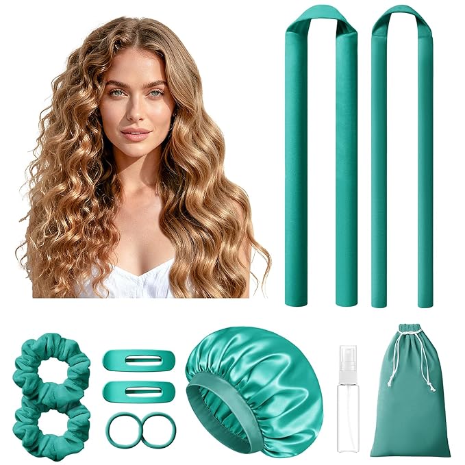 LitBear Heatless Curls Overnight, 2 Sizes of Soft Hair Rollers for Women with Bonnet to Sleep In, No Heat Hair Curlers Set with Scrunchies and Clips, for Long and Medium Hair (Green)