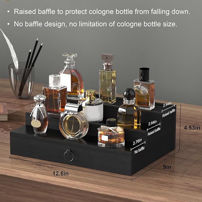 upcessory Cologne Organizer for Men, 3 Tier Wood Perfume Organizer with Felt Lining Drawer and Hidden Compartment, Black Perfume Display Holder, A Gift for Men