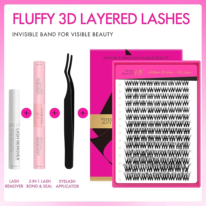 VEYESBEAUTY Lash Clusters Kit Fluffy Individual Lash Extensions VBmuse 3D Layered Volume Eyelashes kit Thin & Invisible Band Wispy Faux Mink Lash Mixed Length 10-18mm with Bond&Seal Remover Applicator