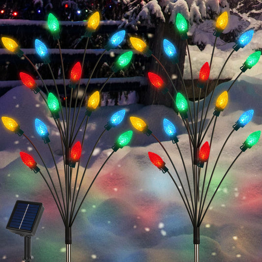 Newhale Set of 4 C7 Solar Christmas Decorations, 8 Modes Vintage Swaying Garden Lights, Outdoor Pathway Solar Christmas Stake Lights, Upgraded Base on Firefly Light for Lawn Decor, Multicolor