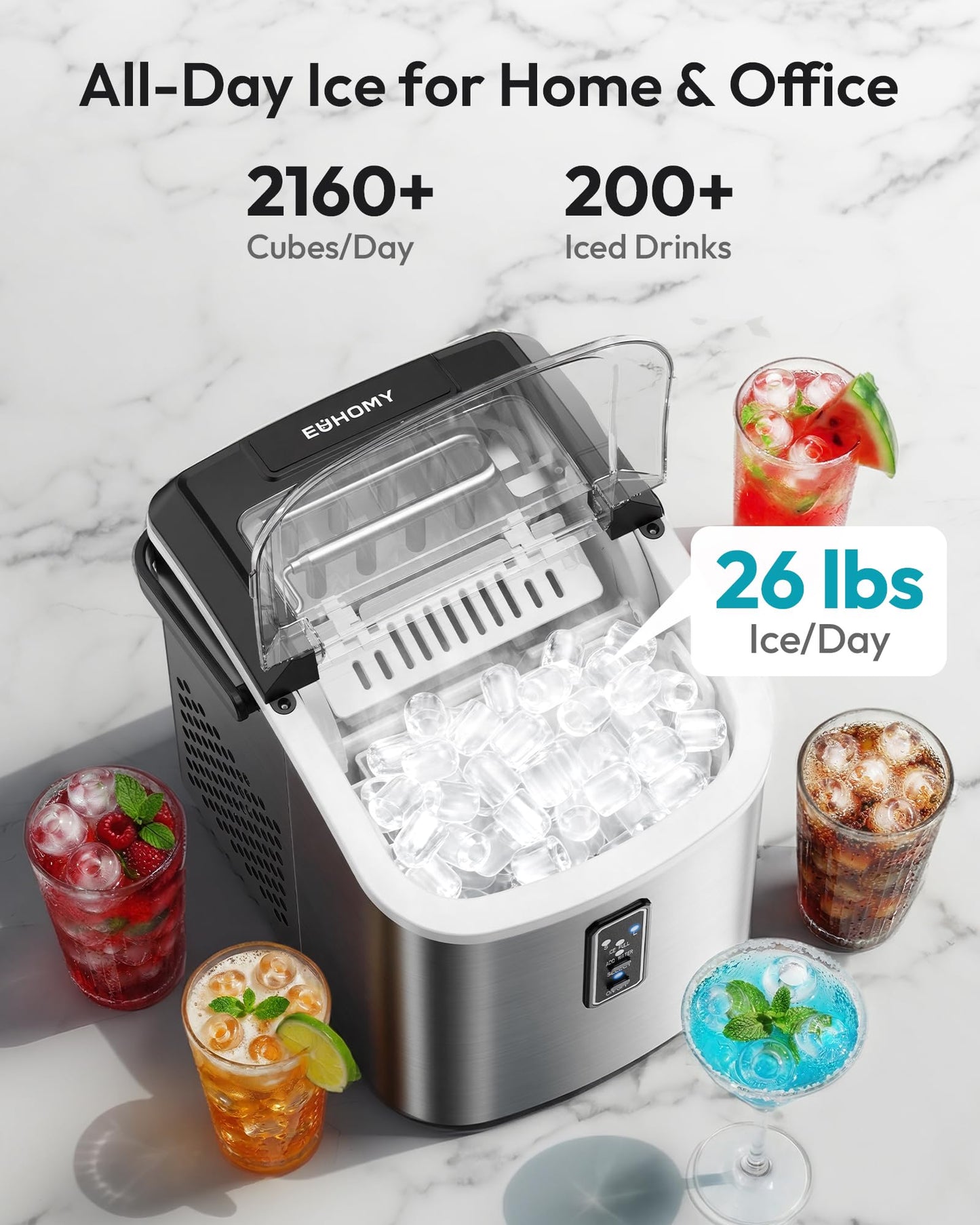 EUHOMY Ice Maker Countertop, 9 Cubes Ready in 6 Mins, 26lbs/24H, Self-Cleaning, Portable Ice Maker Machine with Carry Handle, Basket and Scoop, 2 Sizes of Bullet Ice for Home, Kitchen, Office