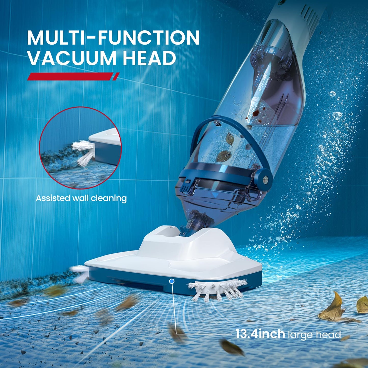 ENHULK Pool Vacuum for Above Ground Pool, Upgraded 13.4" Wide Head & Telescopic Pole, 18.5 GPM Suction, 60 Min Runtime, Cordless Handheld Rechargeable Pool Cleaner for Inground Pools (Blue)