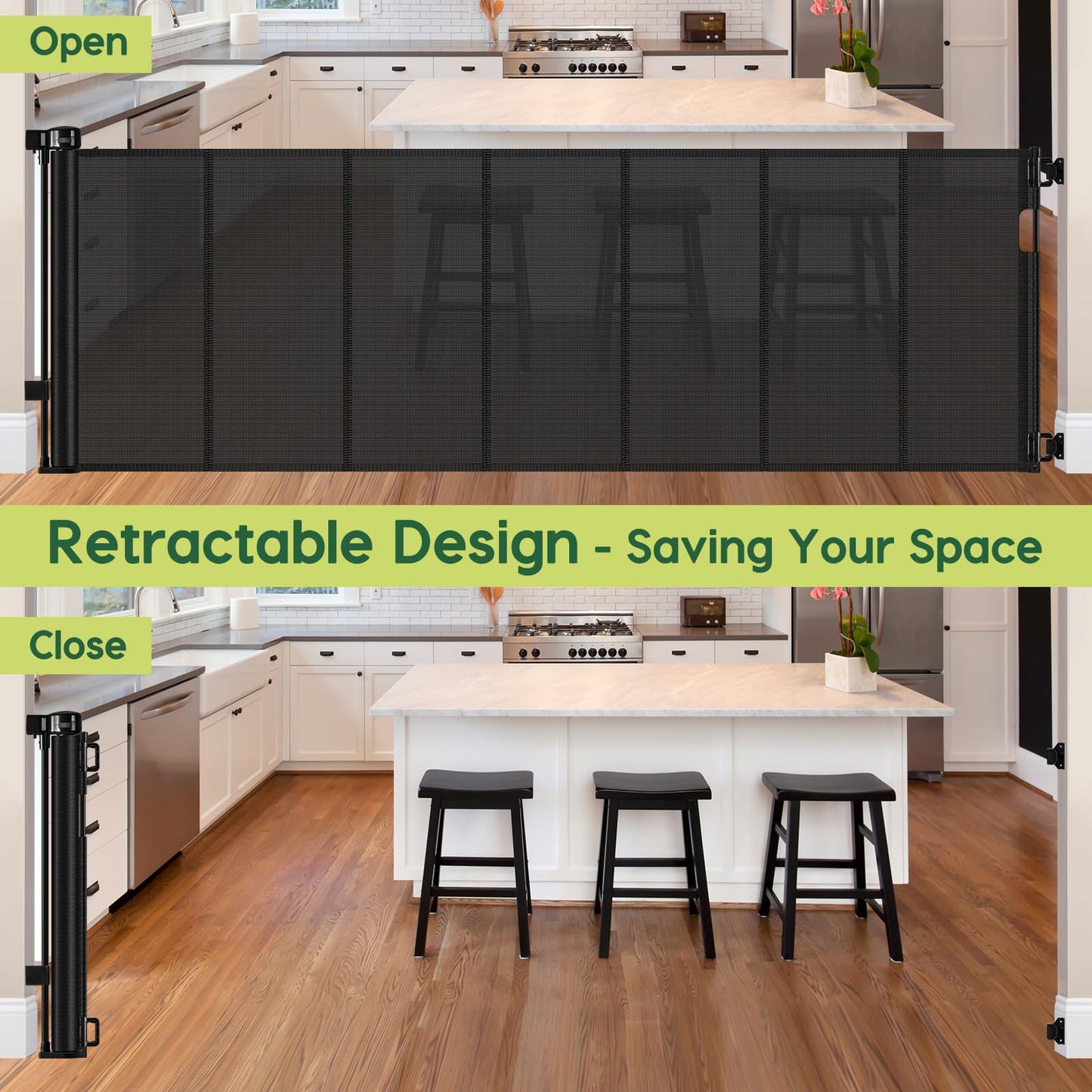 Reinforced 80 Inch Retractable Baby Gate Extra Wide Baby Gate for Wide Openings, Indoor/Outdoor Retractable Dog Gate for Doorway, Mesh Dog Gate Indoor Prevent Babies/Pets from Crawling Under, Black