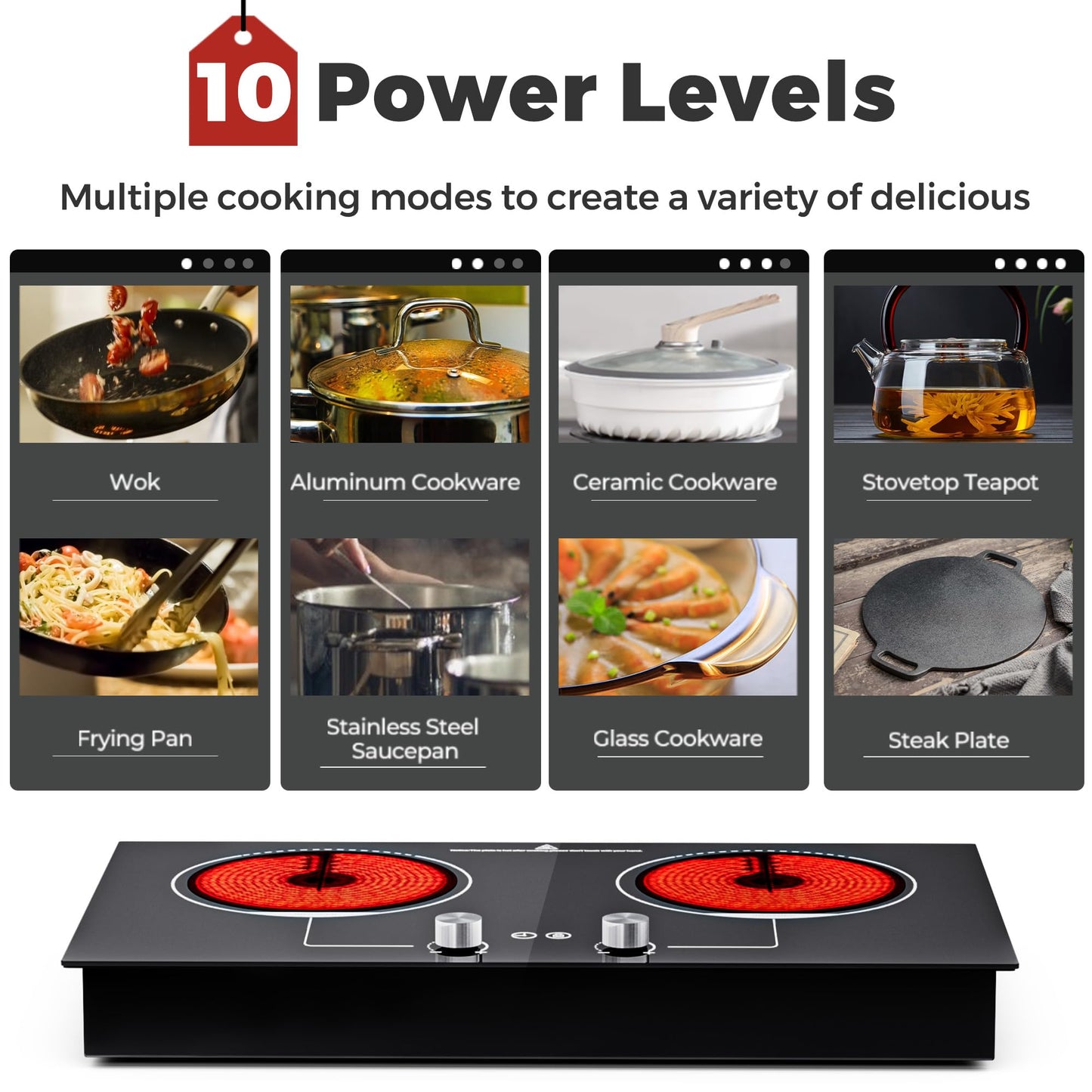 ADVWIN Electric Cooktop, 2 Burner Knob Control Plug in Built-in Ceramic Electric Stove Top with Child Safty Lock & Timer & Over-Temperature Protection & 10 Power Setting, 1800W, (3 burners (vertical))