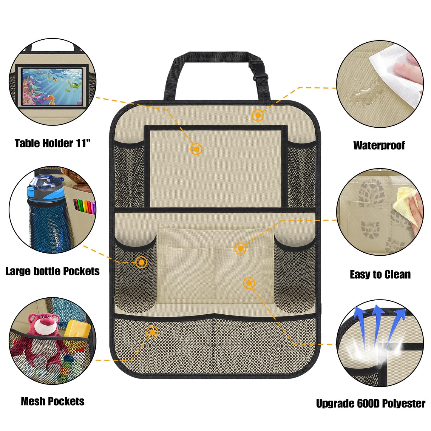 ULEEKA Car Backseat Organizer with 11" Table Holder, 10 Storage Pockets Seat Back Protectors Kick Mats for Kids Toddlers, Travel Accessories, 2 Pack, Beige