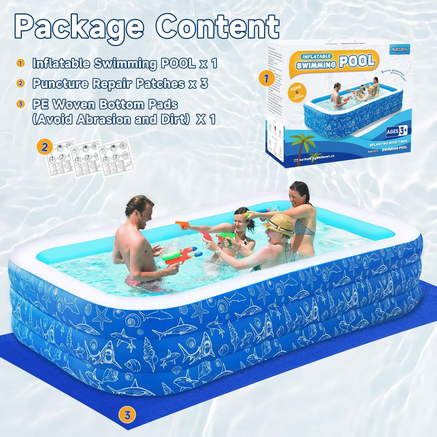 Nattork Inflatable Pool for Kids and Adults, 102" x 63" x 22" Family Full-Sized Inflatable Swimming Pool,Durable Thickened Above Ground Blow Up Pool for Kids Pools for Backyard Indoor Outdoor Shark