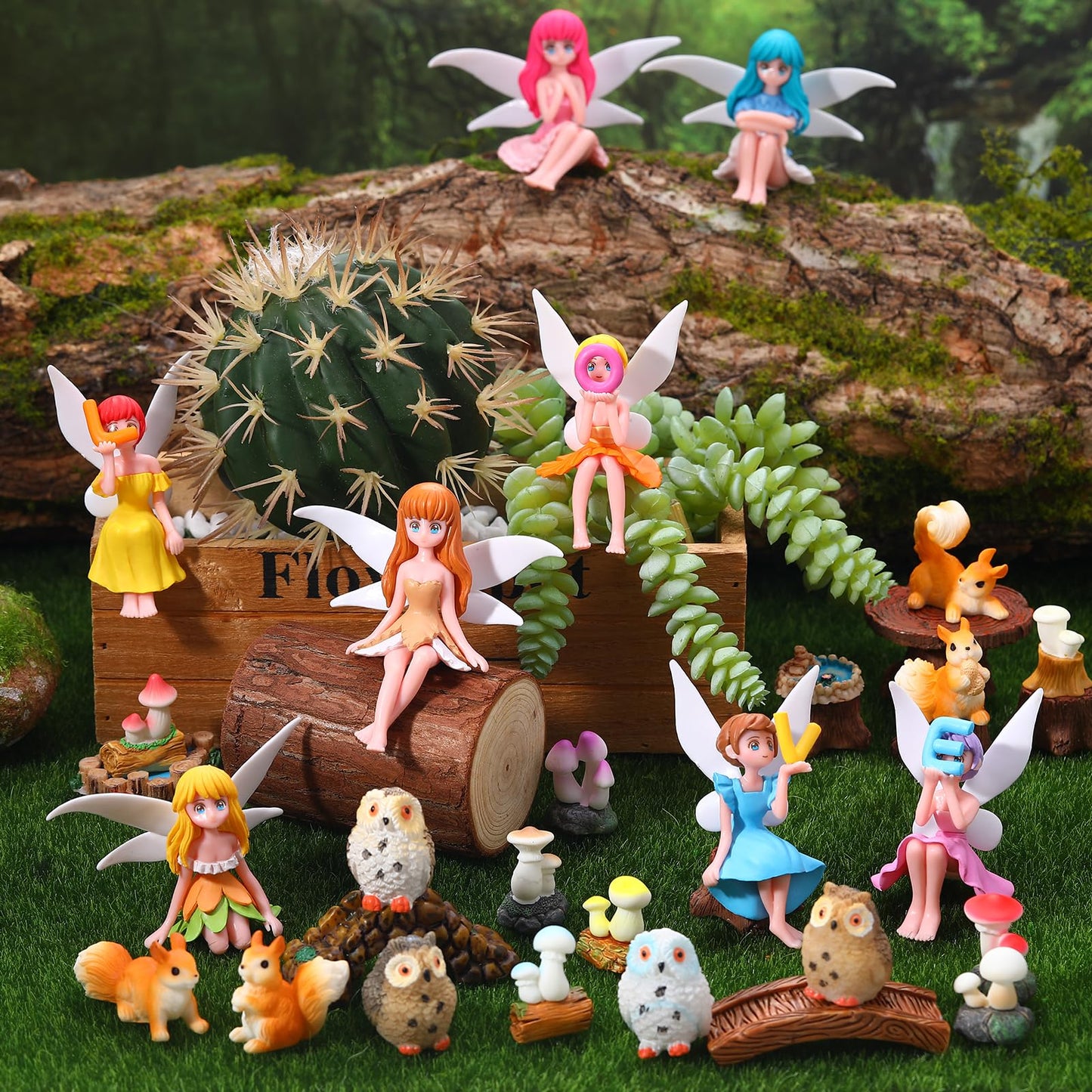 GGSTDDUP 33 Pcs Fairy Garden Accessories Miniatures Garden Kit with Resin Fairies, Mushroom House & Bridge Miniature Accessories for Terrarium, Dollhouse & Outdoor Decor