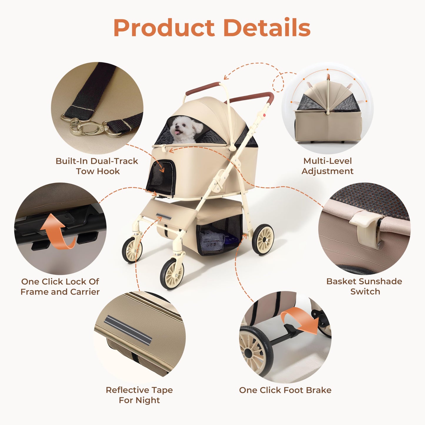 Dog Cat Stroller for Small & Medium Pets up to 55 lbs, Foldable Pet Stroller with Detachable Carrier, 4 Swivel Wheels, Adjustable Handle & Canopy