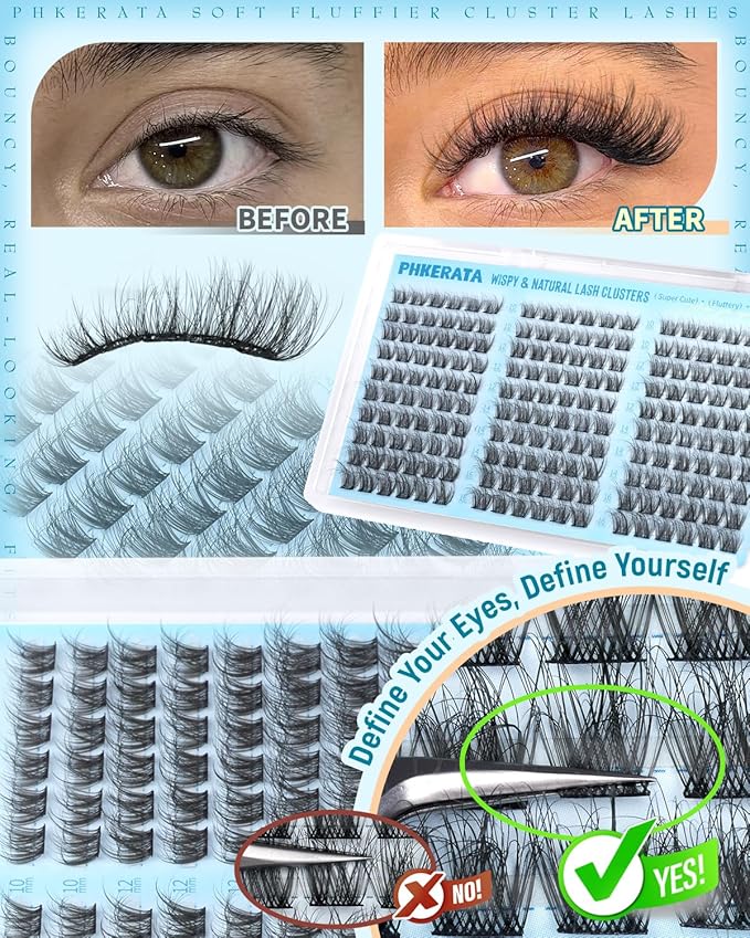 PHKERATA Lash Clusters Kit Natural Eyelash Clusters Wispy Lash Extension Kit 180Pcs Cluster Eyelash Extensions Kit 10-16mm C Curly Individual Lashes Soft with Lash Bond and Seal, Lash Tweezers