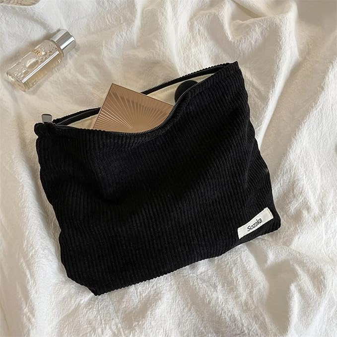Cosmetic Bags for Women - Corduroy Cosmetic Bag Aesthetic Women Handbags Purses Smile Dots Makeup Organizer Storage Makeup Bag Girls Case Bags (Pure Black)
