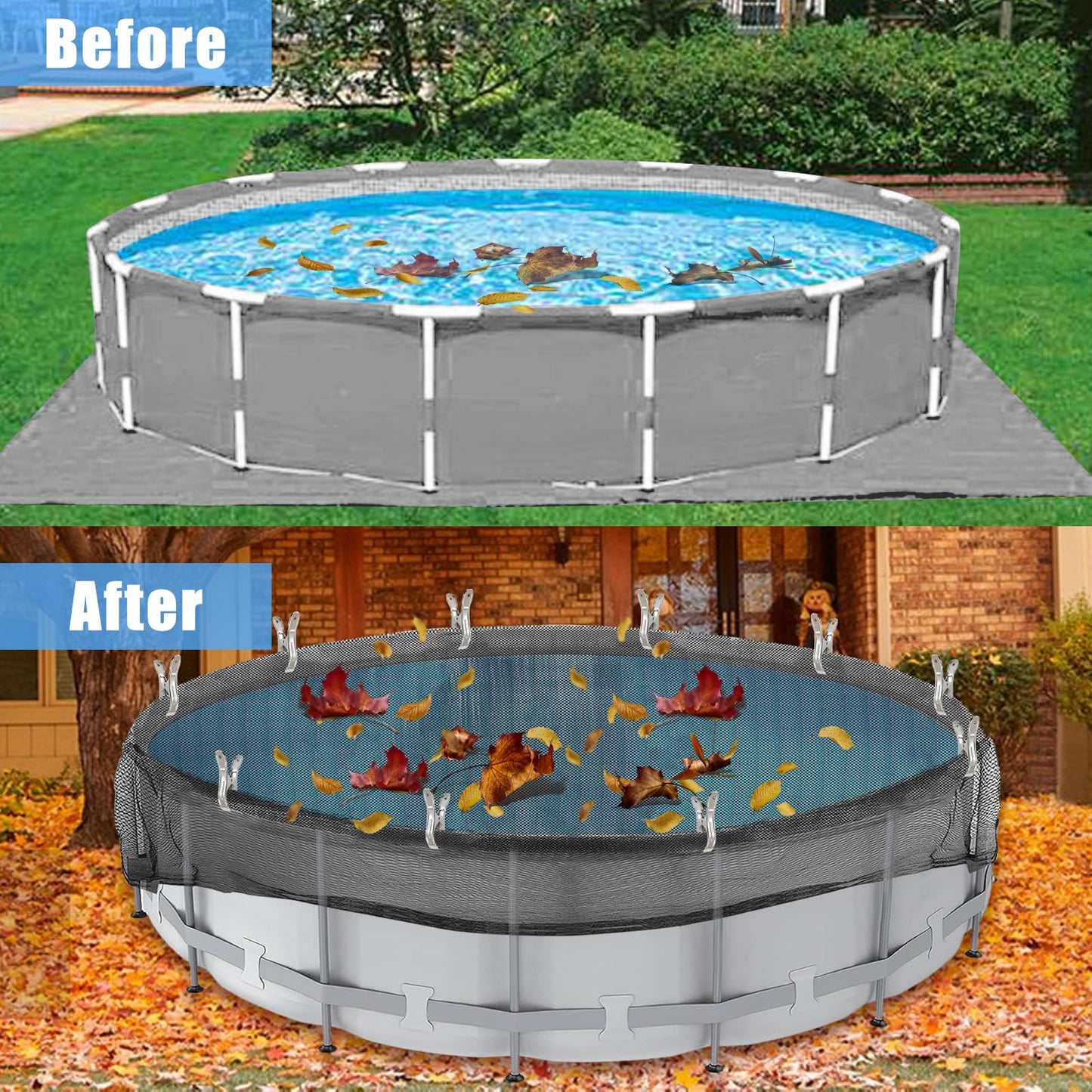 24 Feet Round Leaf Net Cover for Above Ground Pool, Winter Cover Mesh Cover with 16 Pcs Large Metal Clips，Pool Safety Net Fits 24FT Above Ground Pools, Keeps Leaves Out of Your Pool （Black）
