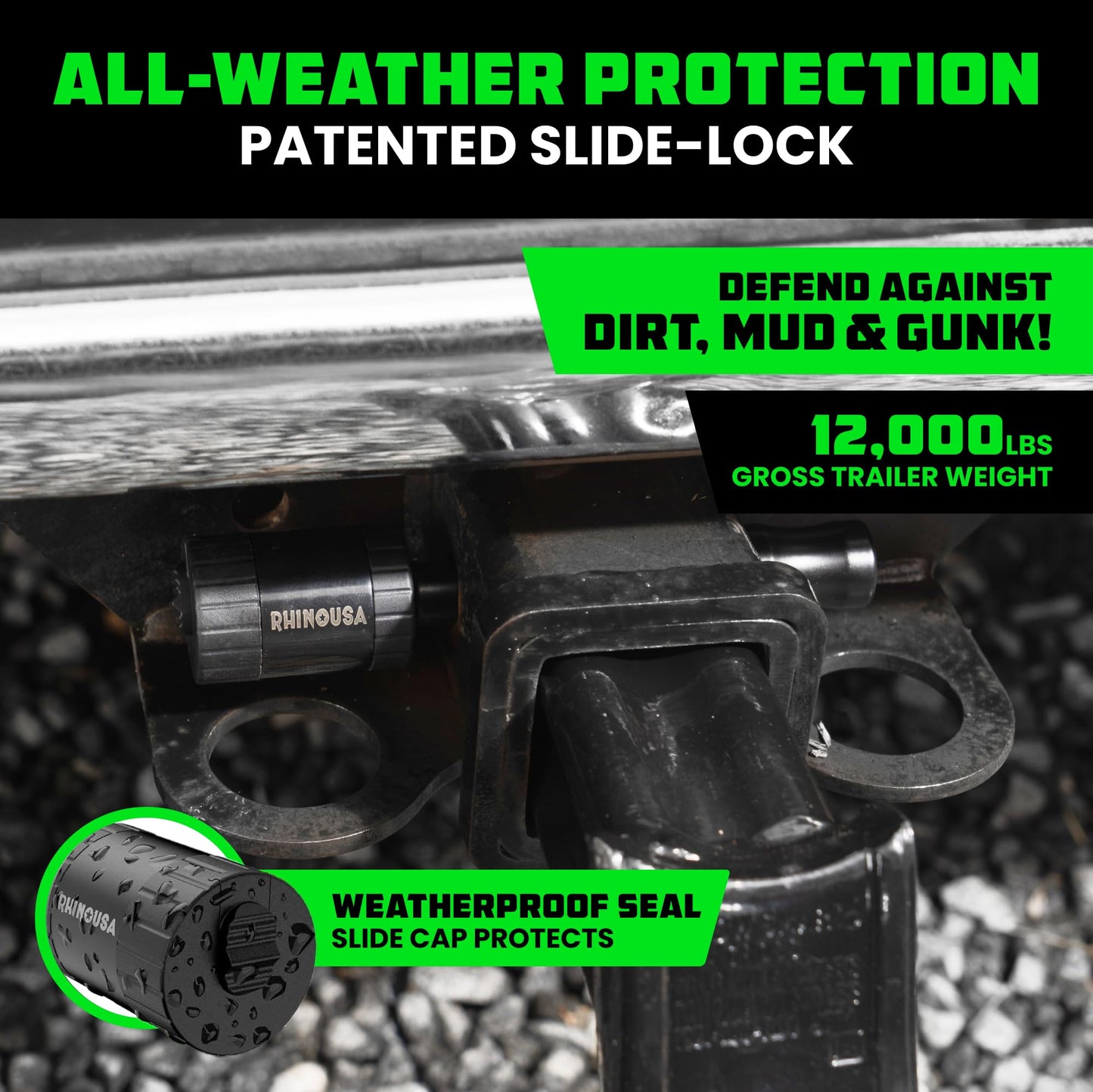 Rhino USA 2” Trailer Hitch Pin – Patented Locking Receiver Pin for Class III/IV Hitches – Weatherproof, Anti-Theft, Debris-Protected – Tow Truck Ready – Black 1PK