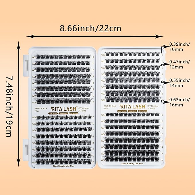 RITALASH Lash Clusters 384pcs 4 Style DIY Cluster Lashes Clusters Eyelash Extensions 10-16mm False Eyelashes Individual Lashes Wispy Lash Extension Natural Look(W02+W04+W05+W06 Lashes)