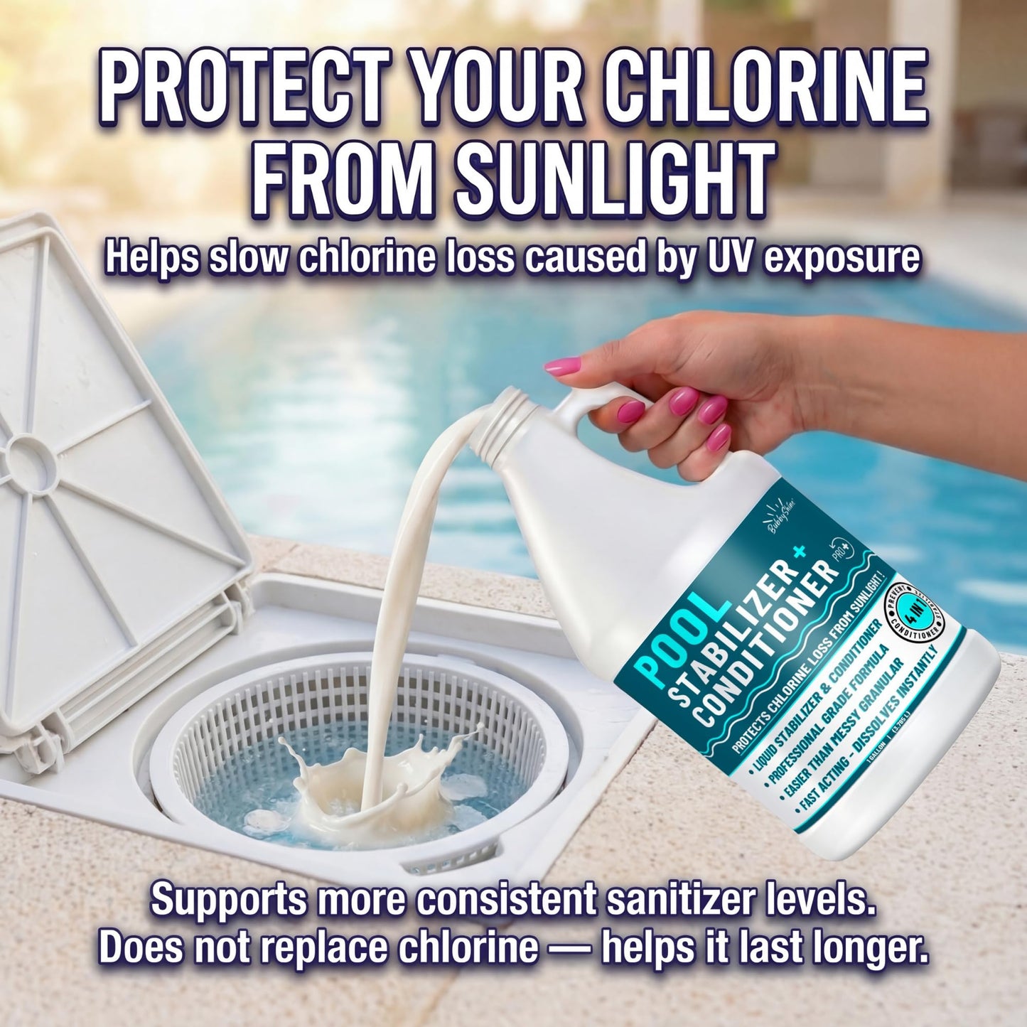 BubbyShine, Pool Stabilizer - Cyanuric Acid Pool Stabilizer, Liquid Chlorine Stabilizer for Pool Chemicals, Swimming Pool Conditioner Stabilizer, for Salt Pool & Chlorine, 1 Gallon