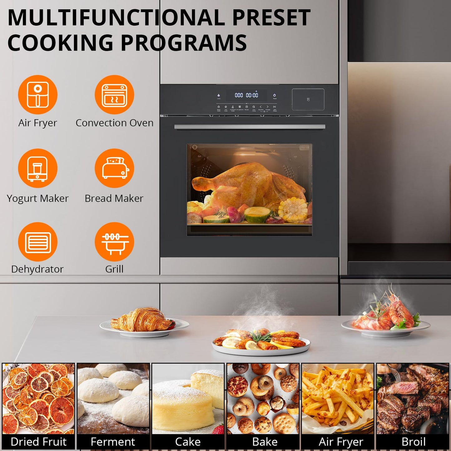 Garvee 24 Inch Built-in Steam & Convection Oven with 8 Cooking Functions, 108 Smart Recipes, 2.5 Cu.ft Stainless Steel Convection Oven with Enamel Cavity, Touch Control, Stepless Temperature Adjus