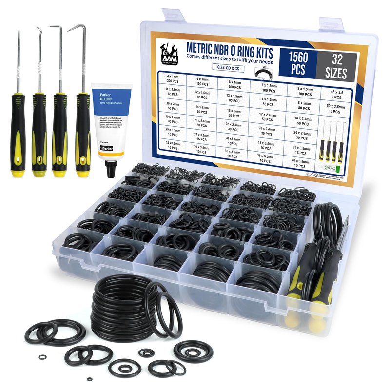 O Ring Kit - 1560 Pcs 32 Size - Nitrile Rubber O Rings Assortment Kit + 4 Hook Set & Grease Tube – for Automotive, Plumbing, Pressure Washer, Air or Gas Sealing Connections (O Rings 1560 Pcs)