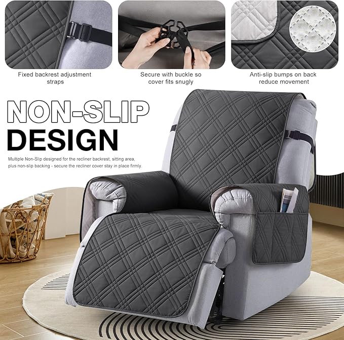 TAOCOCO 100% Waterproof Recliner Chair Cover Stay in Place, Recliner Covers for Small Recliner Chair with Pocket, Reclining Chair Cover Furniture Protector for Kids, Pets(20'', Charcoal Gray)