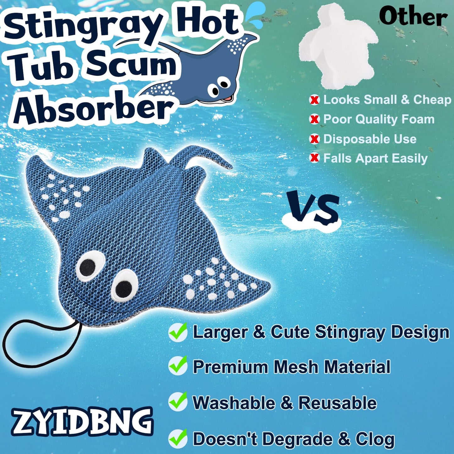 ZYIDBNG Stingray Hot Tub Scum Absorber Reusable Washable for Spa Scum Ray Floating Hot Tub Oil Absorber Cleaner Accessories for Adults (2 Pack, Stingray)