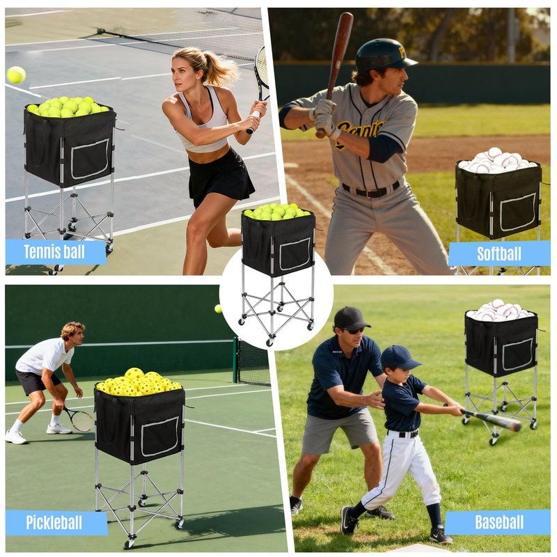 TaiAlphayi Tennis Ball Cart with Wheels & Brake (180 Capacity) – Heavy Duty Stainless Steel Frame with Detachable Washable Bag – Foldable Travel Hopper for Tennis & Pickleball, Portable Carrier