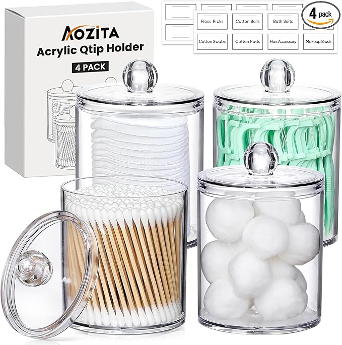 4 Pack Acrylic Qtip Holder Dispenser for Cotton Swabs, Balls, Pads, Floss Picks- Small Clear Acrylic Canister Apothecary Jar Set, Bathroom Essentials Accessories Decor, Vanity Makeup Storage Organizer