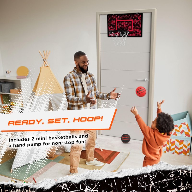 AND1 Mini Basketball Hoop: 18”x12” Pre-Assembled Portable Over The Door with Flex Rim, Includes Two Deflated 5” Mini Basketball with Pump, for Indoor, Red/Black