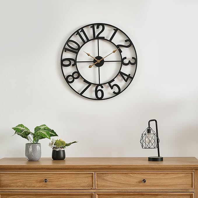 Alarmore 30 Inch Oversized Wall Clock, Battery Operated Silent Non Ticking Black Metal Wall Clocks for Living Room Decor, Extra Large Decorative Clock for Home, Office, Farmhouse Vintage Style