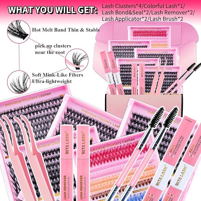 Lash Clusters Kit Eyelash Clusters Kit 4 Boxes+1 Colorful Cluster Eyelash Extensions PestaÃÂ±as Postizas Naturales with Lash Bond and Seal*2,Remover*2,Tweezers*2,Mascara Brush*2(13 Counts Lash Kit-4)