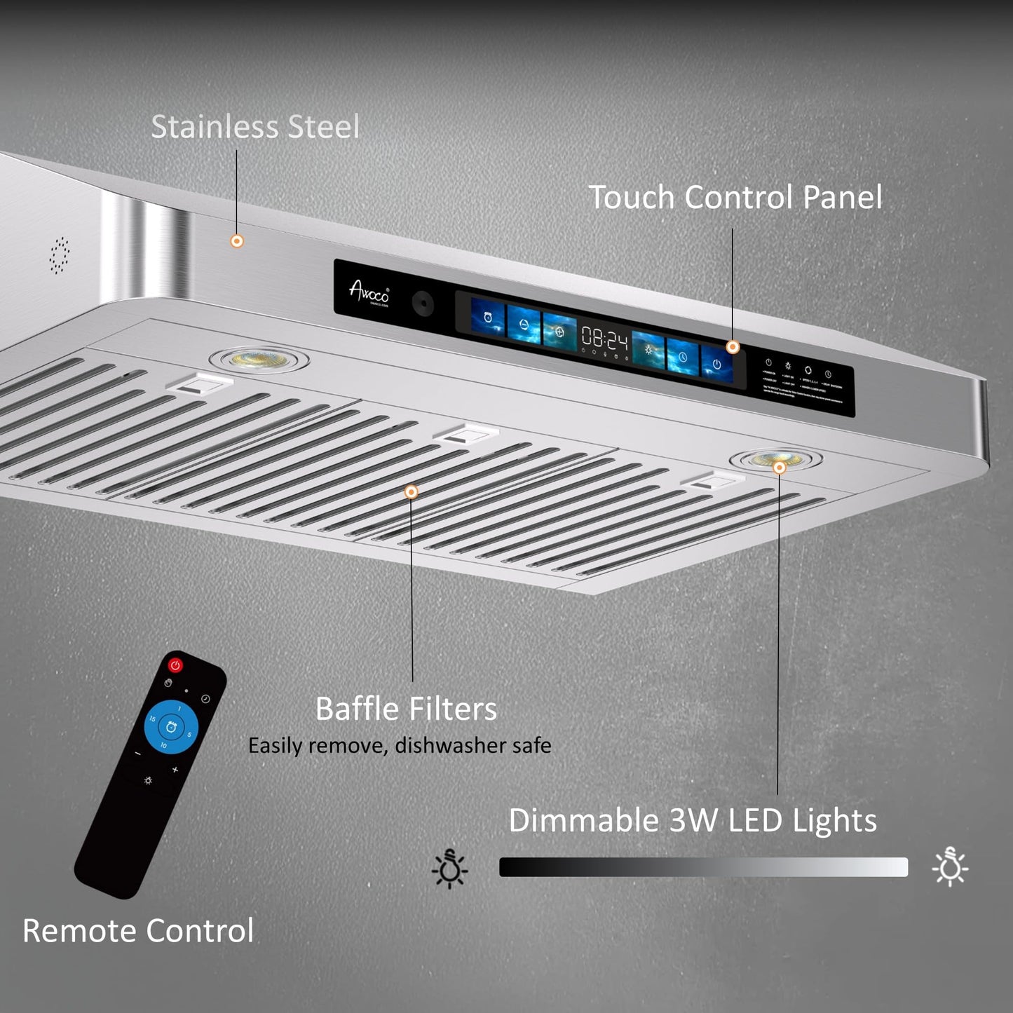 Awoco 30" Under Cabinet Range Hood Smart Controls with Voice, Gesture, Touch & Remote Controls, 900 CFM Kitchen Hood with 4-Speed, Stainless Steel Stove Hood with LED Lights, Baffle Filters