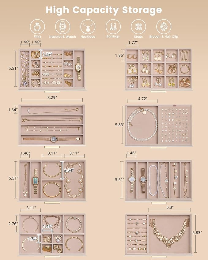 Lolalet Jewelry Box Organizer, 8-Layer Jewelry Organizers and Storage Case with Glass Lid, Ring Earring Bracelet Necklace Holder Organizer, Birthday Valentine Gifts for Women Girls -8Layer, Beige