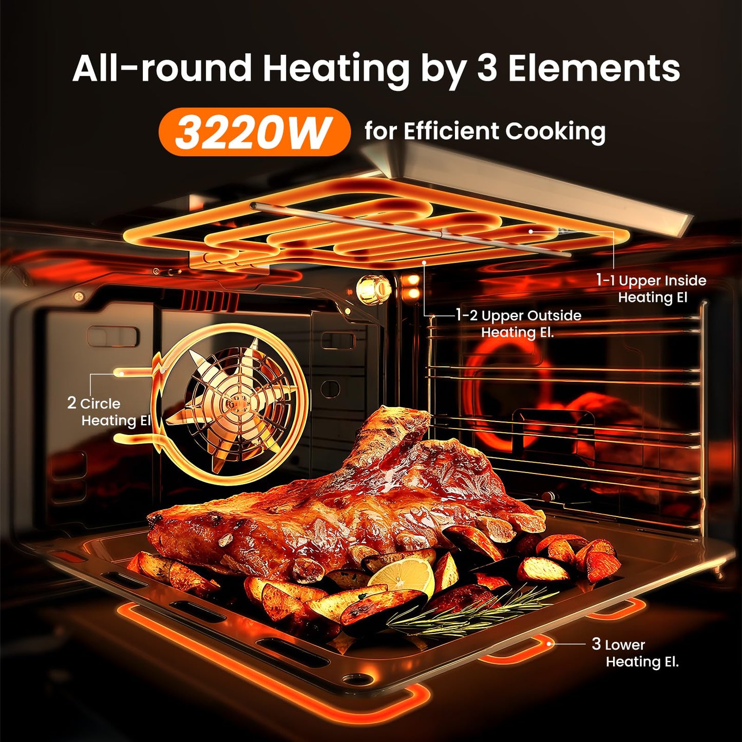 VIKIO HOME Single Wall Oven 24", 2.83 Cu.Ft-80L with 8 Functions Built-in Electric Ovens, 240V, 3220W Fast Preheat, Mechanical Knob Control for Easy Cooking