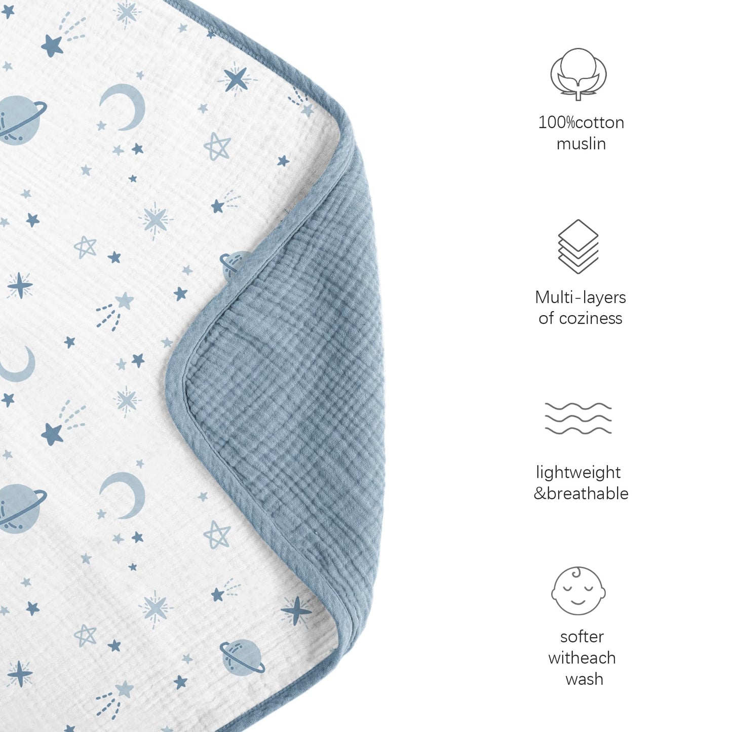Konssy Muslin Baby Blankets for Girls Boys, 100% Cotton Crib Blanket for Infant Toddler, Super Soft and Lightweight Nursery Swaddling Wrap 40"x36" (Star)