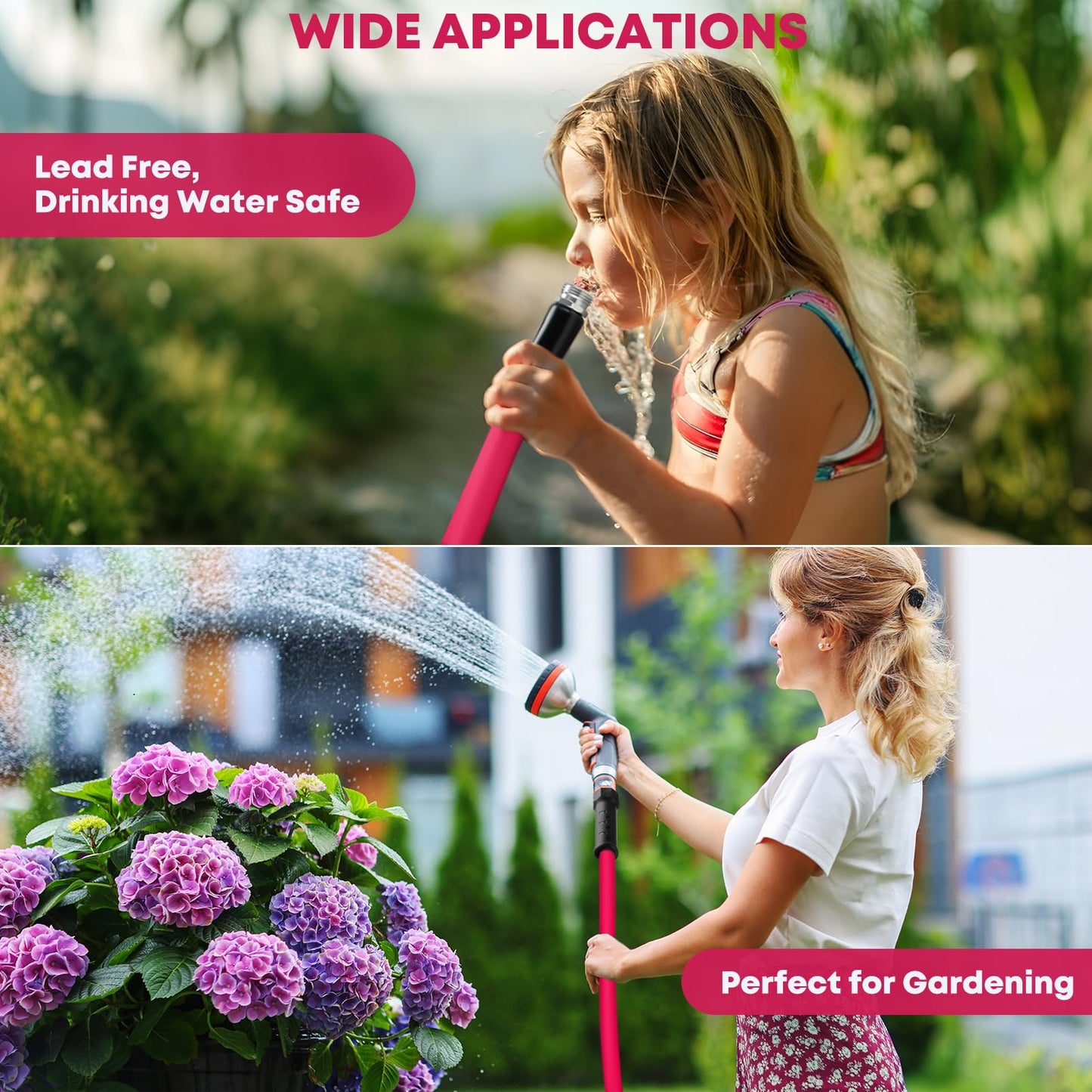 Kohree 25FT RV Water Hose, 5/8'' Premium Drinking Water Hose Leak Free, No Kink and Flexible Garden Hose with Storage Bag, Ideal for RV, Camper, Garden, Truck, Car - Pink