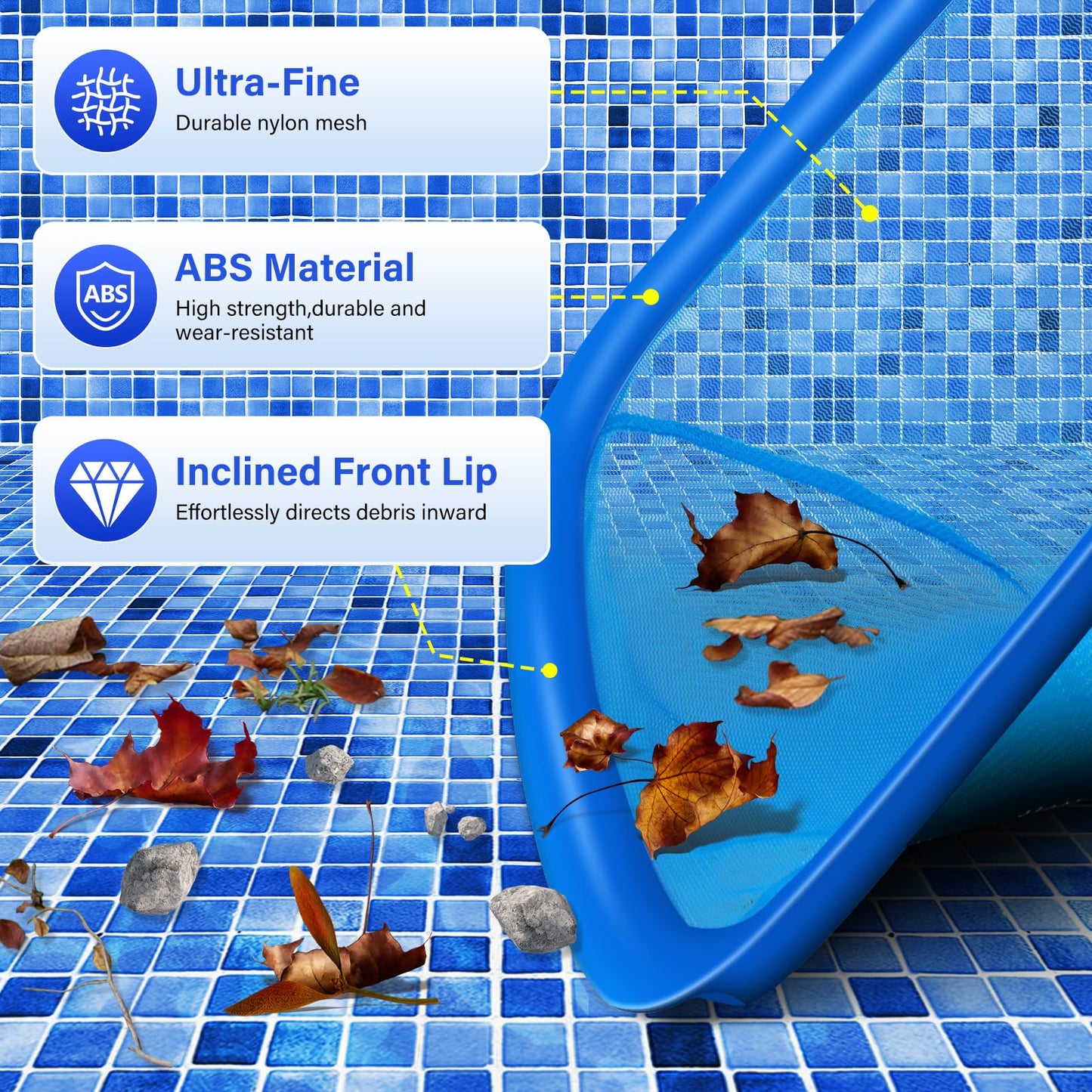 Swimming Pool Cleaning Kit Including 12.5 in Pool Brush Head,Ultra Fine Mesh Pool Leaf Skimmer Net with Maximum Length 76.5 in Aluminum Pole for Remove Debris and Dirt