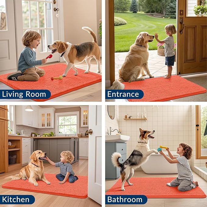 Smiry Dog Door Mat for Muddy Paws 48x30, Absorbs Moisture and Dirt Doormat, Non-Slip Washable Quick Dry Chenille Front Door Mat Indoor Entrance, Entryway Carpet for Inside Floor, Coral