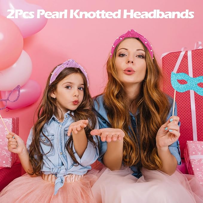 Knotted Headbands for Girls Non Slip Girl Pearl Headband Wide Top Knot Head Bands Mommy and Me Fashion Hairband Womens Turban Hair Accessories(Rose red & Purple,2Pcs)