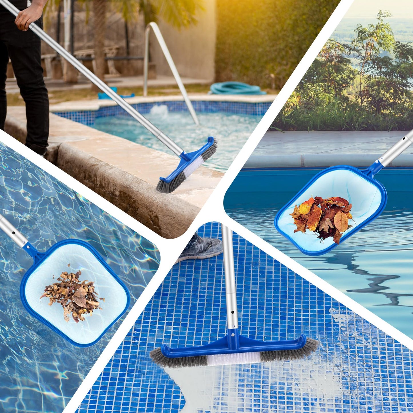 Potchen 3 Pcs Pool Cleaning Kit with Hand Skimmer Net, 47.24" Aluminum Pole and 17.5" Long Pool Brush Maintenance Accessory Tool for Above Ground Inground Ponds Home Tubs Spa