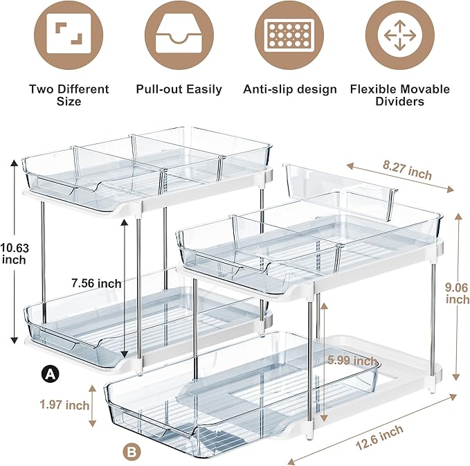 Delamu 2-Tier Multi-Purpose Bathroom Under Sink Organizers and Storage, Stackable Kitchen Pantry Organization, Pull Out Medicine Cabinet Organizer with Movable Dividers, Blue, 2 Pack