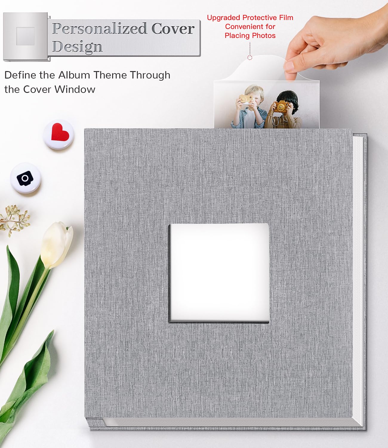 Artfeel Photo Album Self Adhesive Scrapbook Album for 3x5 4x6 5x7 8x10 Pictures,40 Pages Linen Cover with Display Window DIY Photo Book,Ideal Gifts for Family Travel Wedding Baby